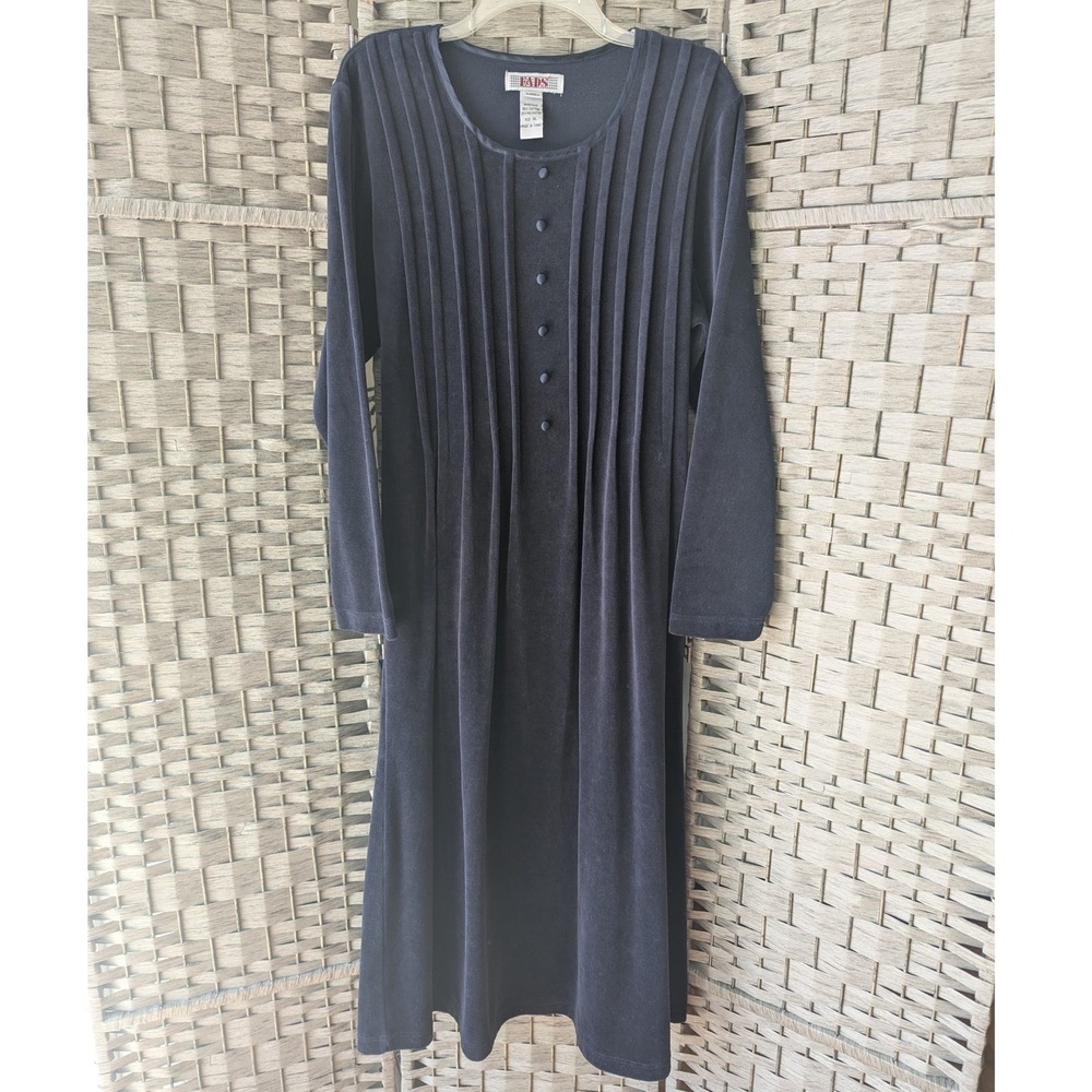 Vtg 90s Maxi Dress Navy Blue Pleated Sz XL Velour Modest Gothic Dark Academia